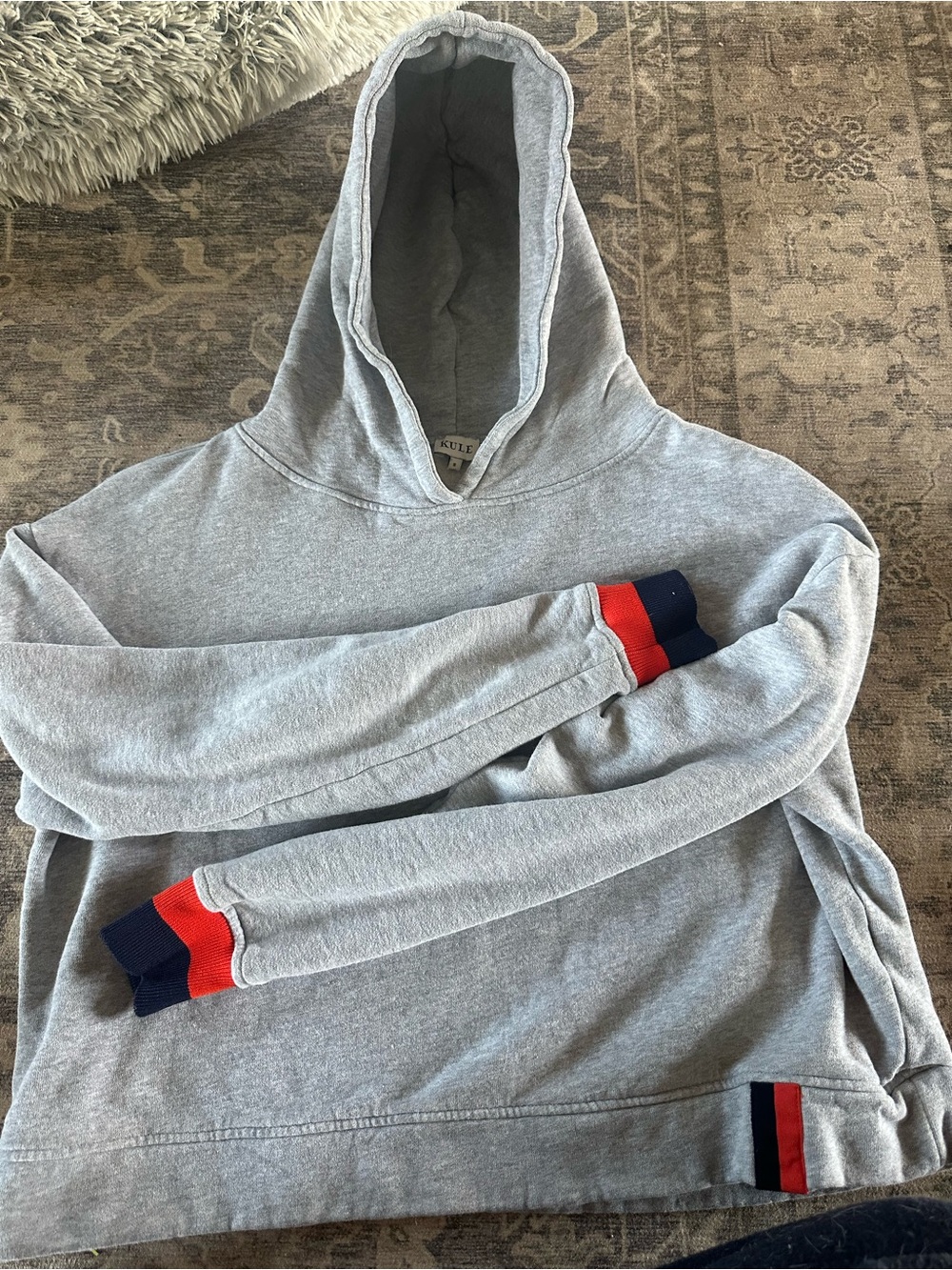 KULE Gray Hoodie with Red & Navy Cuff Trim